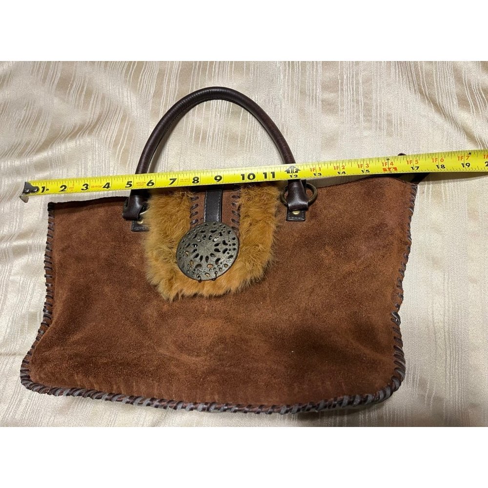 Nicole Lee Suede Purse Metal And Fur Accents Zipper Magnetic Closure Large Bag - Picture 10 of 10